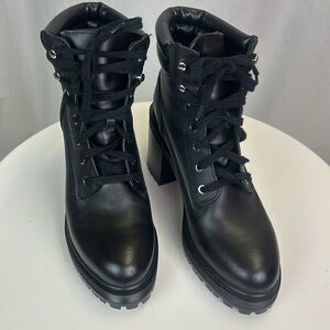 Zara Black Leather Combat Boots Stacked Heel Lug Sole
